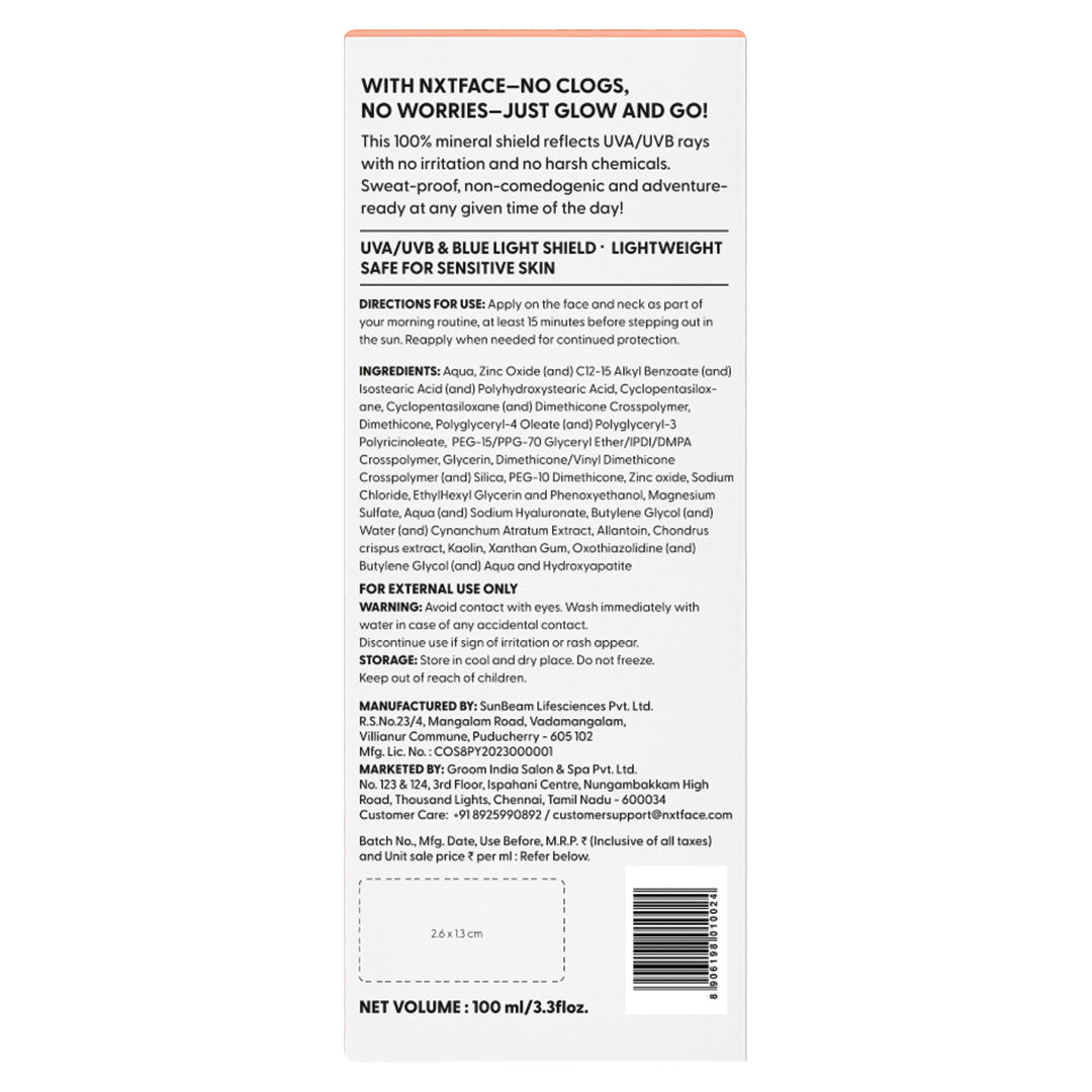 NXTFACE 100% Mineral Sunscreen - SPF 50 PA++++ | 100ml